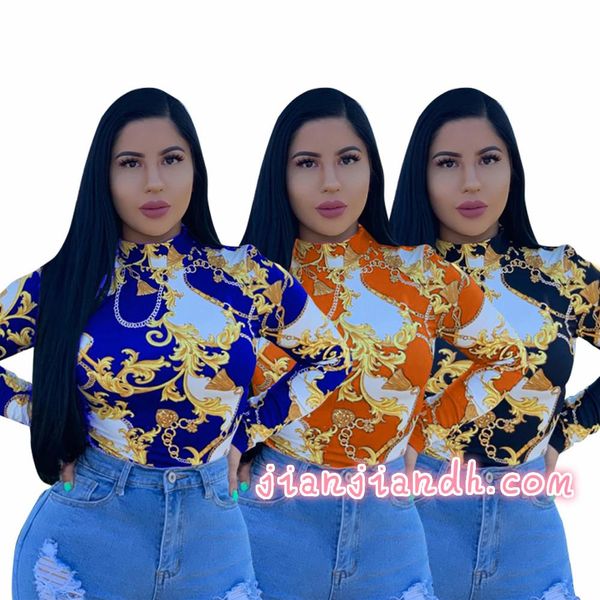 

zh5113 explosi19 european and american women's round neck large gold chain print shirt fashion comfortable, White