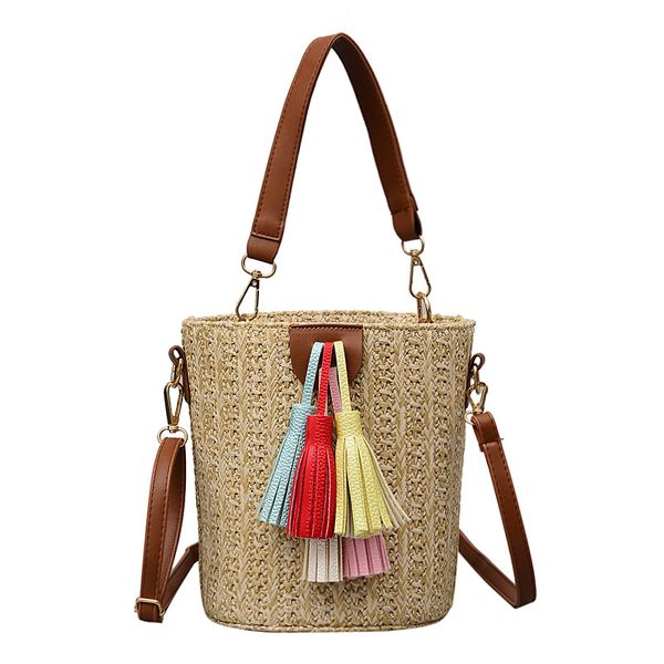 

ethnic-style straw tassels bucket bag versatile pumping band-portable shoulder bag shoulder