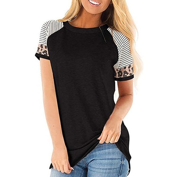 

gaoke color block cut-and-sew leopard panel top с коротким рукавом o-образным вырезом повседневная футболка женщины 2020 летний досуг дамы ф, White