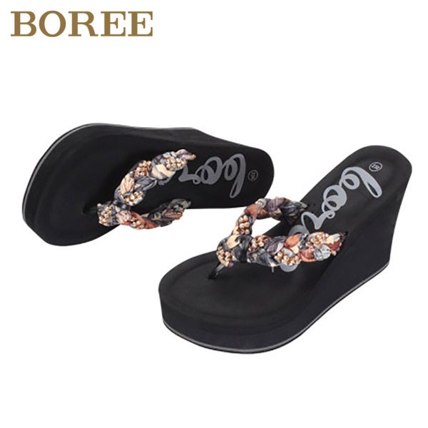 

slippers boree crystal women shoes flip flops high flat heel outdoor beach sandals wedges platform slids femme pantoufles, Black