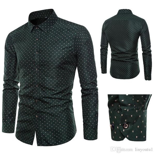 

2019 autumn new men's slim fit printed shirt dark green spot dot print male long sleeve shirt plus size -5xl, White;black