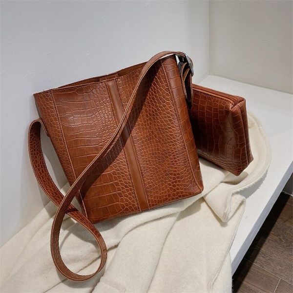 

2019 new women bucket shoulder bags set ston skin women leather tote vintage message mother bags set drop shipping m688