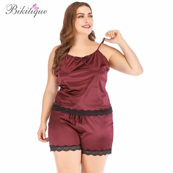 

bikitique plus size cami shorts pajamas set women silk satin sleeveless nightwear sling backless homewear lace sleepwear, Black;red