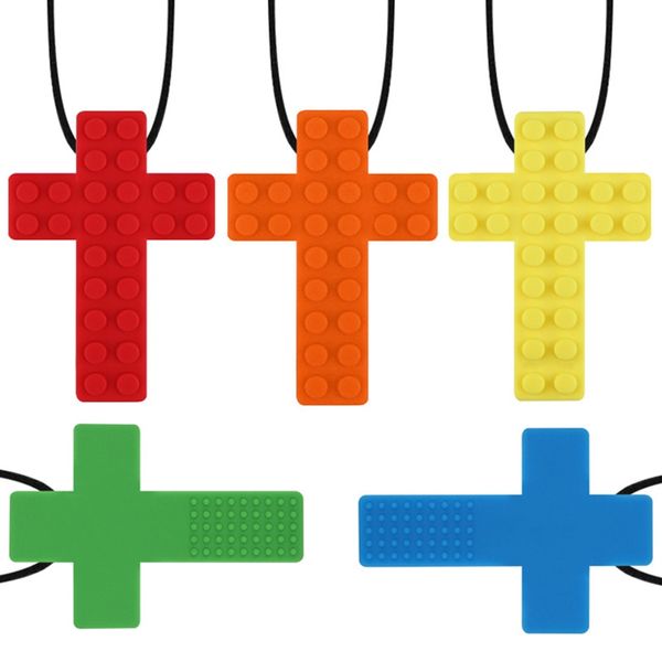 

brick building block molar stick chew necklace baby silicone teether autism sensory chew therapy tools kids chewy toys