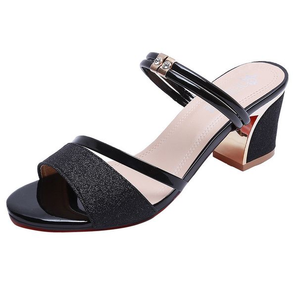 

gold block heel shoes woman sandals high heels sandale bling bling shoes women 2019 sandals with diamonds strappy slippers heels 6cm, Black