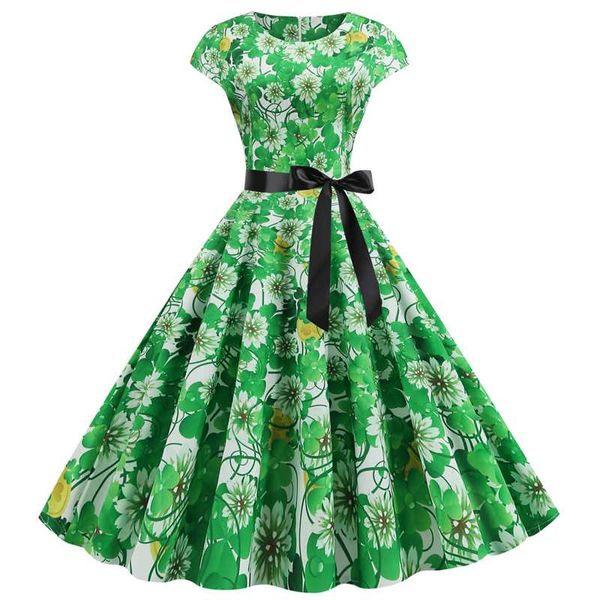 

summer st. patrick's halloween round neck short sleeve swing dress party dress festive new women's clover play costume, Silver