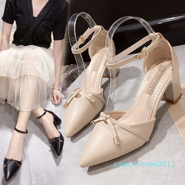 

flat buckle sandals women high heel women thick with 2020 new summer new korean version pointed pointed sandals c11, Black