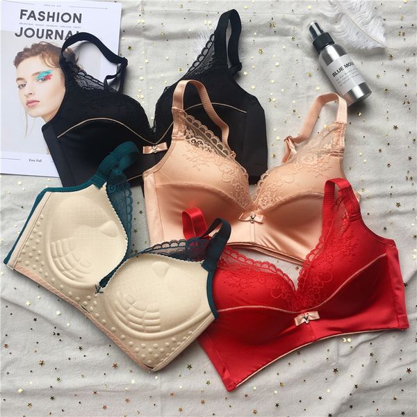 

new style solid seemless non-steel ring bra set comfortable push up adjustable underwear women's happiness hands, Red;black