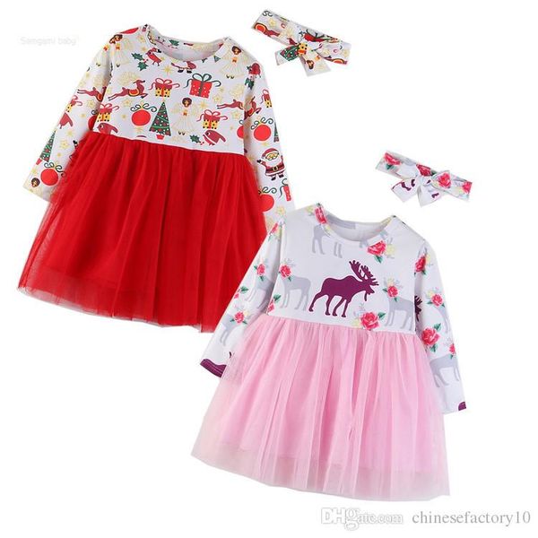 

ins baby girls christmas dress & headband 2 pcs children tulle elk printed long sleeves princess dresses 2018 boutique kids clothing, Red;yellow