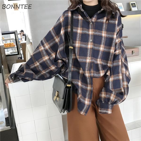 

blends women retro plaid trendy lantern sleeve simple loose soft womens thicker coat korean elegant student daily woolen coats, Black