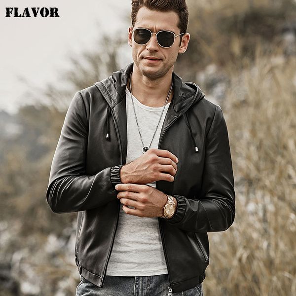 

flavor men's real leather jacket hoodie lambskin genuine nappa leather coat with hood, Black