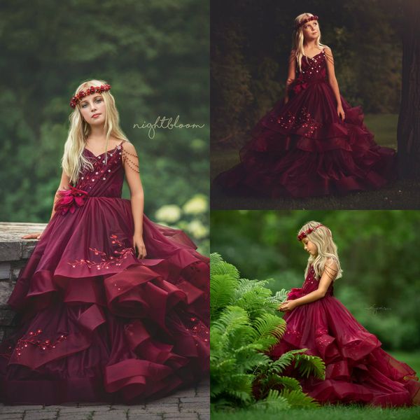 

lace burgundy flower girl dresses tiered skirts tulle appliqued a line little girls pageant dress beading first communion gowns271l, White;blue