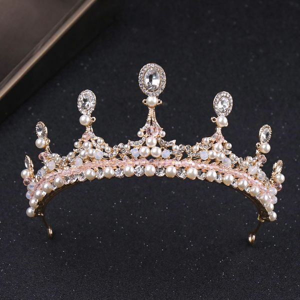 

baroque gold color elegant queen pearl crown wedding hair accessories crystal bridal hair jewelry handmade crystal tiara, Golden;white