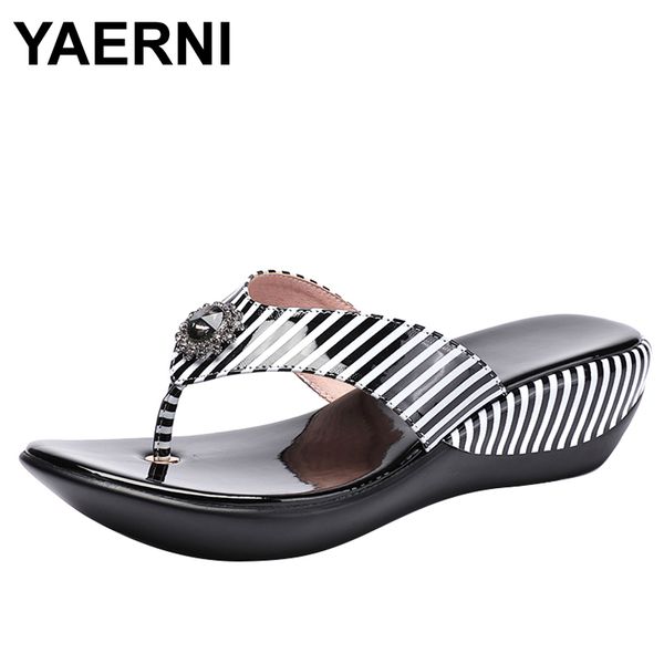 

yaerni 2019 summer platform flip flops fashion beach shoes woman anti-slip genuine leather sandals women slippers shoe, Black