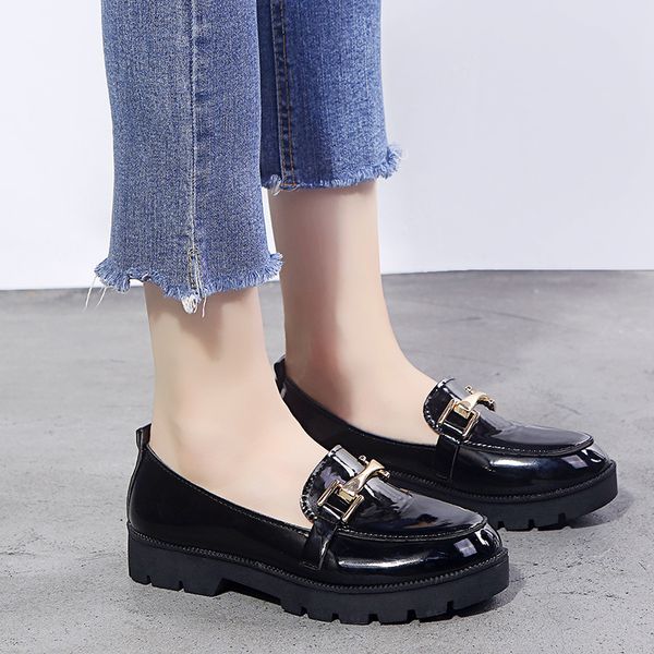 

solid black patent leather women shoes flats metal buckle slip on thick sole platform oxford shoes woman plus size ladies