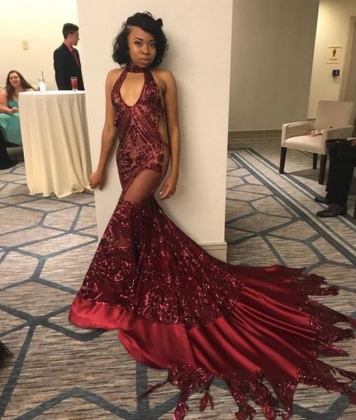 

2019 2k19 africa sequined jewel mermaid evening dresses runway fashion formal party gown sleeveless special occasion prom dress, Black;red