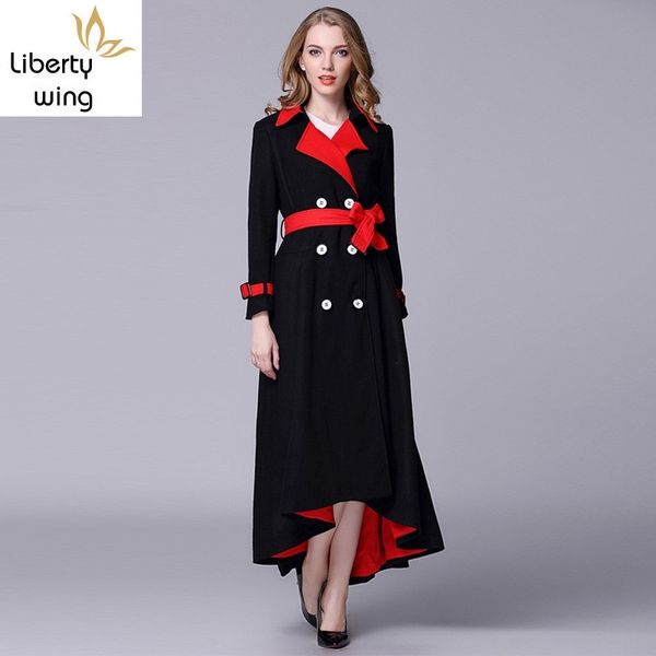 

winter women double breasted long wool blends coat fashion elegant belt turn down collar thick warm overcoat female s-l, Black