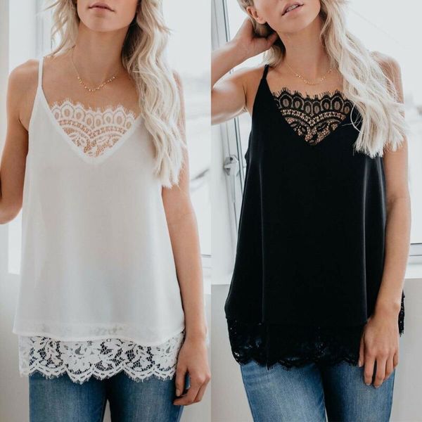 

women strappy lace sleeveless vest v neck camisole t-shirts tank summer, White