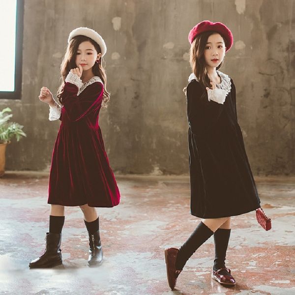 

fashion girls dresses cute lace collar soft princess dresses loose retro baby kids clothes vestidos for 6 8 10 12 years children, Red;yellow