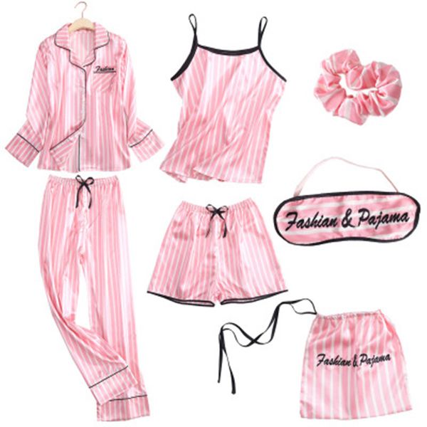 

7pcs/set silk satin women pajamas set femme pink striped pyjamas lady robe stitch lingerie sleepwear pjs, Blue;gray