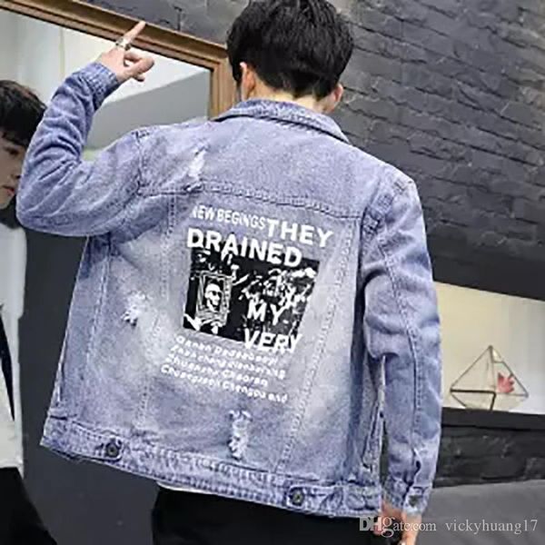 

letters printed denim ripped jacket mens spring autumn casual slim fit bomber jackets mens hole jean jacket outwear male cowboy, Black;brown