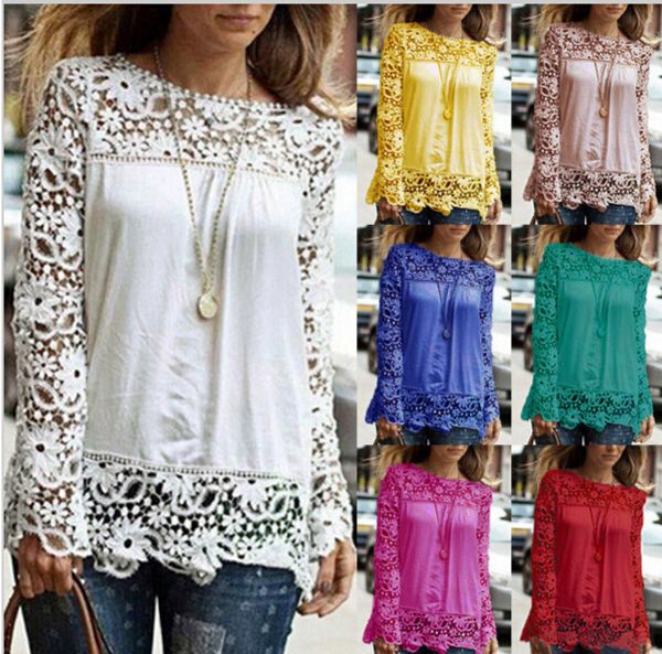 

новая мода женщины multicolor крючком кружева рубашки женщины шею цветочные кружева с длинным рукавом шифон блузки кружева плюс размер s-5xl, White
