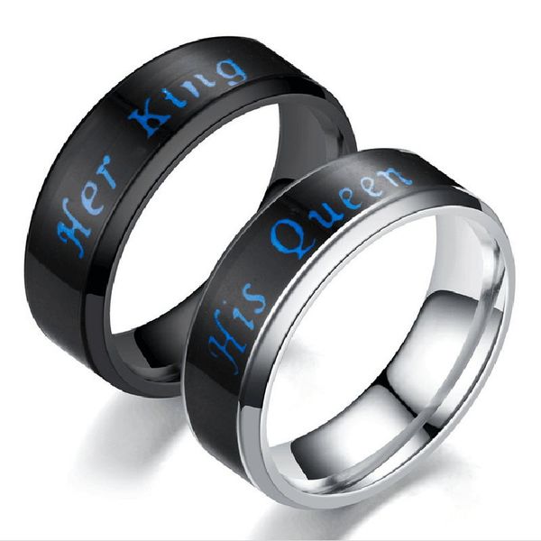 

2019 fashion classic engrave smart temperature display blue letter her king his queen ring stainless steel couple rings jewelry, Slivery;golden