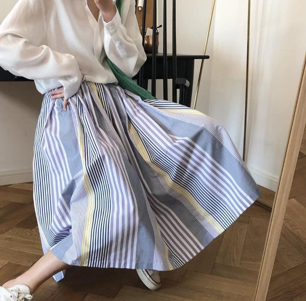 

sherhure 2020 high waist women long skirts saia striped women elegant chic a-line cotton skirt faldas jupe femme, Black