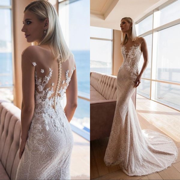 

mermaid wedding dresses 2020 jewel neck sleeveless beads appliques hand made flowers wedding dress sweep train bridal gowns, White