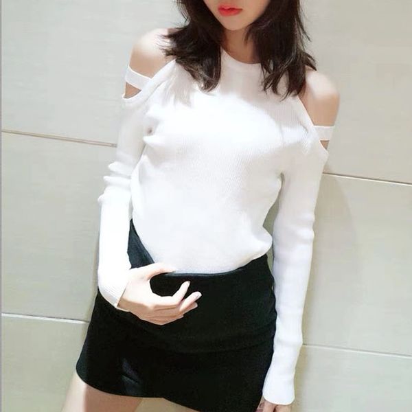 

oumengka casual spring women slim sweater autumn knitted off shoulder sweater long sleeve knitting pullover womens sweaters, White;black