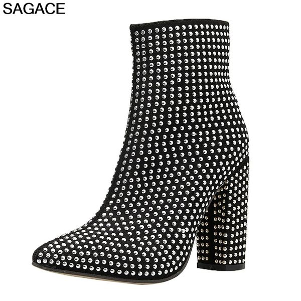 

sagace boots woman pointed women party rivet thick ankle boots high heels zipper ankle for women bota feminina 07304, Black