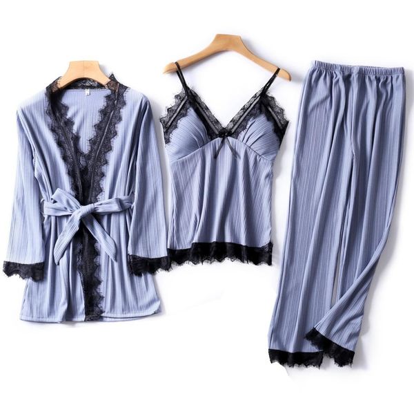 

qweek autumn winter pajamas women 3 piece set new long sleeve pyjamas with chest pads lace spaghetti strap sleepwear women, Black;red