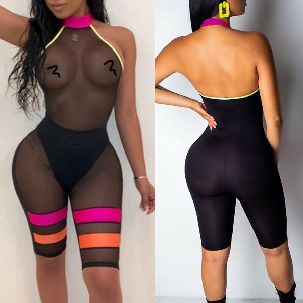

2019 new women mesh sheer playsuits summer halter backless slim playsuit lady fashion leotard club party bodycon jumpsuits, Black;white