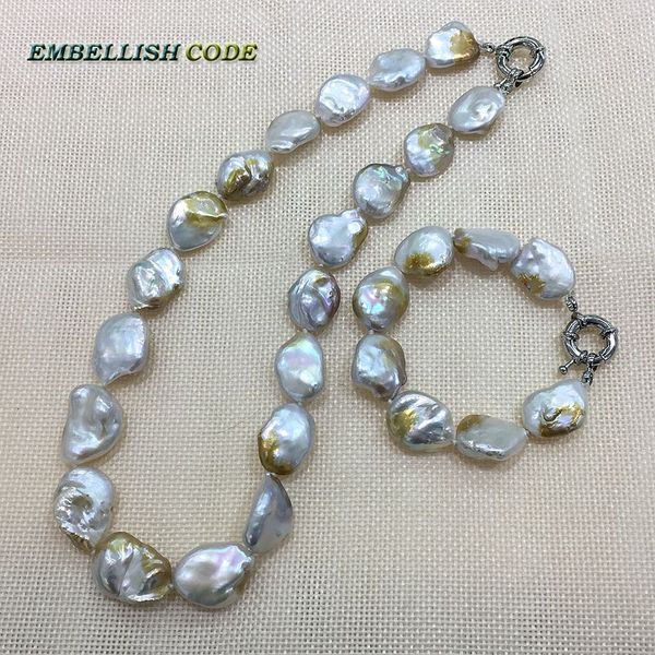 

unusual irregular pearl necklace bracelet set white few golden color good gloss for women 8mm thickness flat oval shape natural, Silver