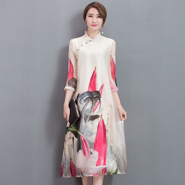 

4xl 3xl plus size elegant beauty floral print women silk chiffon dress summer spring chinese style stand collar vintage dresses, Black;gray