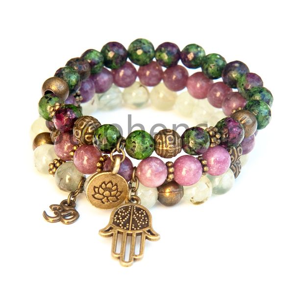 MG0661 2019 Novo Design Pulseira Gemstone Natural Rubi Zoisite Lotus Charme Yoga Pulseira 2A grau Prehnite Lepidolite Bracelet