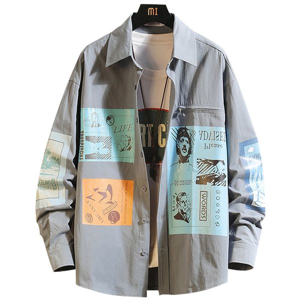 

printed spring shirt men's patchwork autumn long sleeve coat plus size loose clothes korean fashion shirt men's clothingb50, White;black