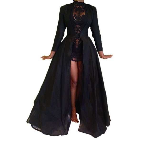 

2019 new gothic lace high waist sheer jacket long dress gown party costume lady autumn dress black, Black;gray