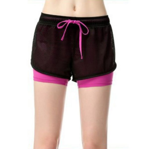 

two layer women short pants cotton mesh drawstring fitness fold shorts, White;red