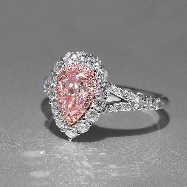 

pink teardrop cz diamond wedding gift ring 925 sterling silver plated drops of water engagement rings retail box set for women, Slivery;golden