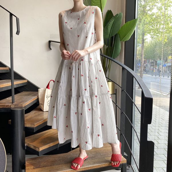 

[ewq] 2020 summer tank dress women elegant long robe printed flower o neck back lace-up sleeveless big hem loose ladies dresses, Black;gray