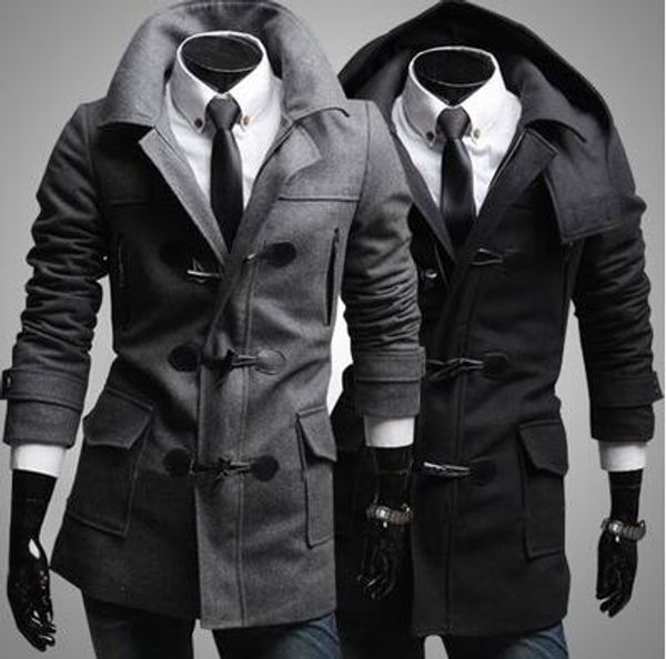 

men's trendy slim fit toggle duffle coat with hoodie black grey coats notched collar windproof stylish dust coat for men warmful