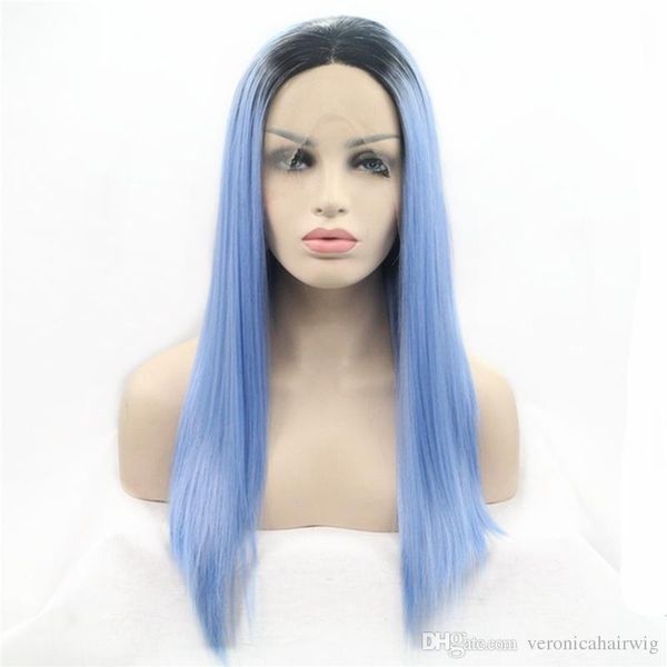 Ombre Blue 2 Tone Color Natural Straight Lace Front Wig Dark Roots