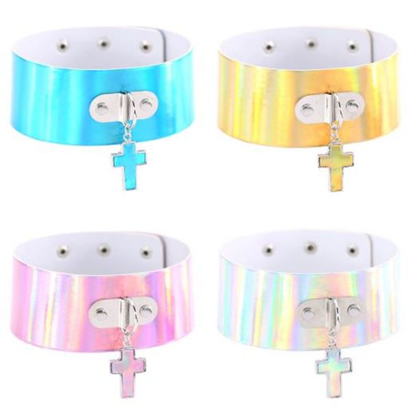

chic fashion cross necklaces laser luminous pendant pu leather choker necklace for women punk party jewelry wholesale, Golden;silver