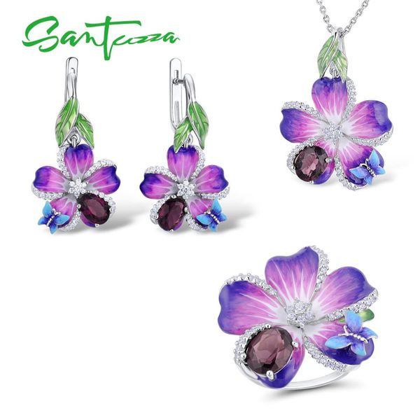 

santuzza silver jewelry set for women purple flower pendant ring set 925 sterling silver chic fashion jewelry handmade enamel