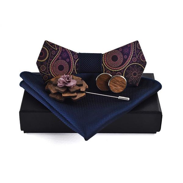 

fashion wooden bowtie set handkerchief cufflinks tie for men, Blue;purple