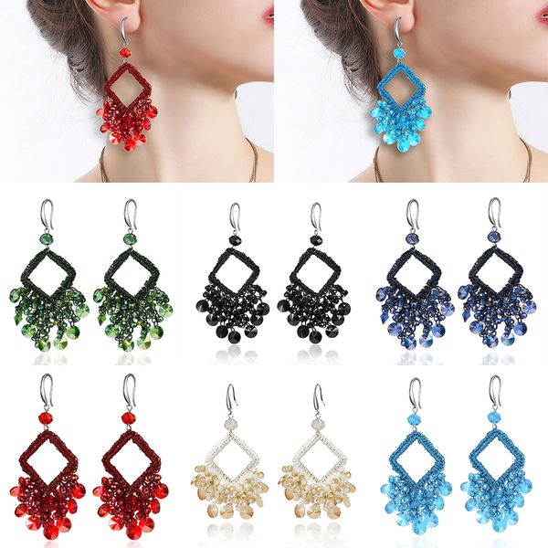 

fashion crystal beads tassel earrings geometric cutout square crystal hand-knitted fringe earrings charm party wedding jewelry, Silver