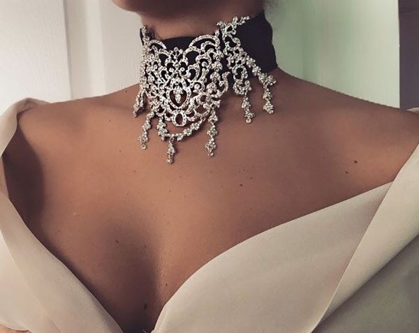 

luxury hollow rhinestone statement necklace new black velvet choker necklace for women choker jewelry, Golden;silver