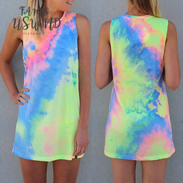 

new polyester mini dresses summer women sleeveless party rainbow dress mini dress tie dye beach dress, Black;gray