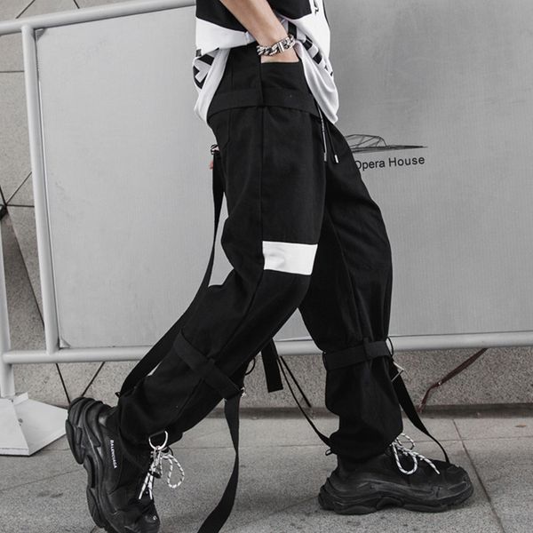 

dropshipping 2019 new high street personality ribbon pants men, Black